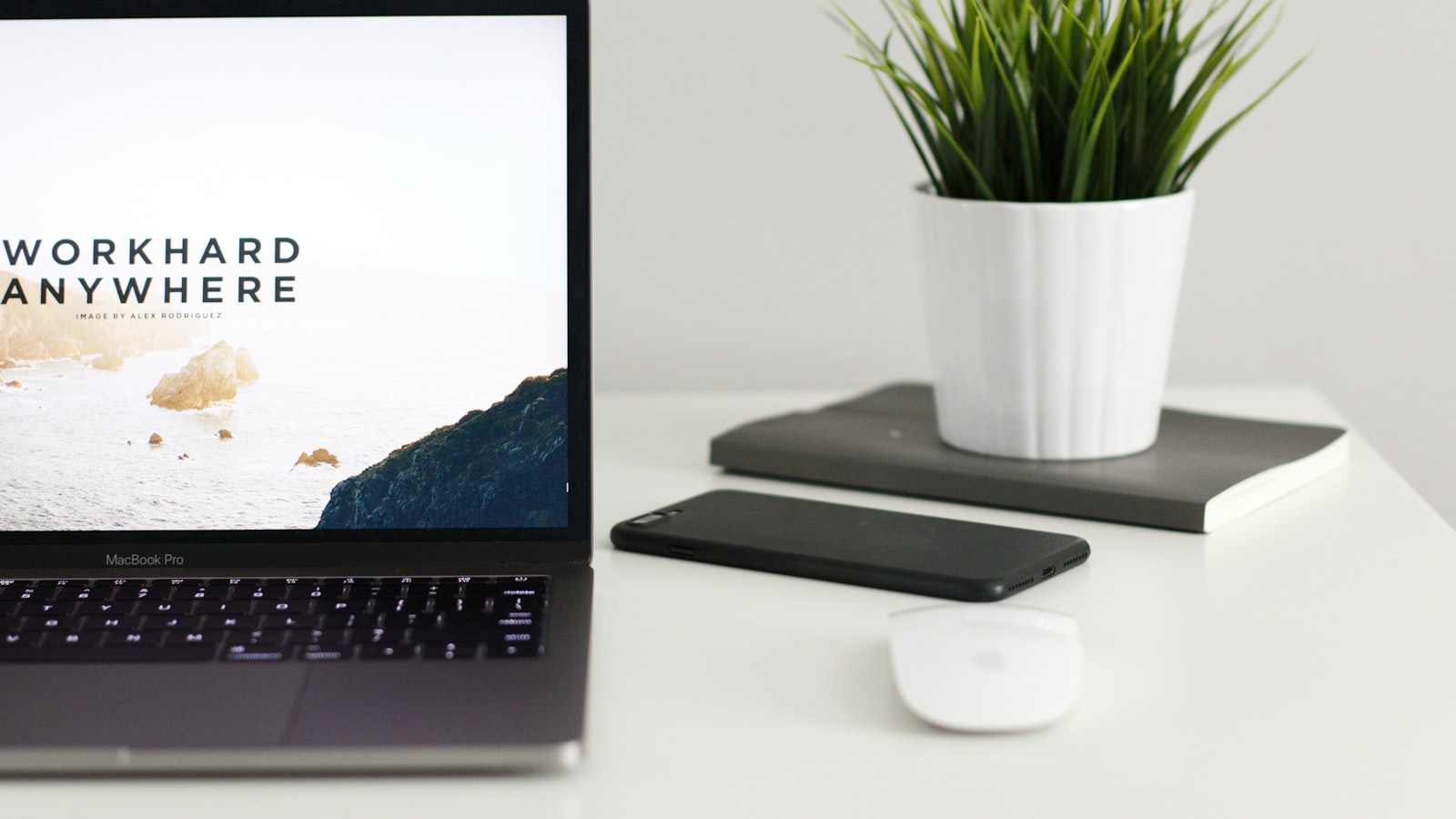 MacBook Pro near green potted plant on table